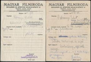 1940 Bp., Magyar Filmiroda Rt. Petrényi Edit színésznőnek reklámfilmmel kapcsolatos 2 felvétellel kapcsolatos adatlapja, és levelezőlapja.