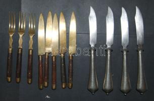 12 db evőeszköz, halkések rézből + 10 db rézsúly