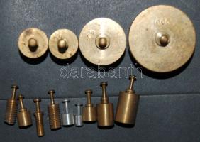 12 db evőeszköz, halkések rézből + 10 db rézsúly