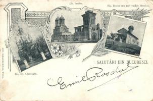 1899 Bucharest, Bucuresci; Bis. Sft. Gheorghe, Bis. Antim, Bis. Bucur cea mai vechie biserica / churches. Art Nouveau, floral (small tear)