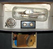 Vegyes régiség tétel: Cigarettatárca, evőeszközök, irodaszerek, tálak