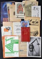 cca 1920-1940 Vegyes papírrégiség tétel, kb 30 db, közte: 2 db Dreher számla, Aladdin Kereskedelmi Rt. Petróleumgáz főző árjegyzéke, benne receptekkel, 2 db M. Kir. Honvéd térképészeti intézet reklám nyomtatványa, ELZETT reklám nyomtatvány, Turul gázedény árjegyzék, Junghans óragyár reklám nyomtatványa, 1942-es Postakönyv, Kodak Retina reklámnyomtatvány, Fenyves áruház két árjegyzéke, Weiss Manfred gyár árjegyzéke, bridge jegyzetkönyvecske, 1938 Budapester Fremdenzeitung, 1936-os Corvin áruház megrendelőlapja árjegyzékkel, His Masters Voice Records 1931 szeptemberi árjegyzéke, 1939-es könyvnap prospektusa, 2 db névjegykártya, ..stb.