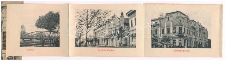 1909 Lugos, Lugoj; Deák utca, Turul cipőgyár. Leporellolap belül a vasútállomás, zsinagóga, Poporul ...