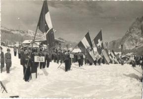 1941 Cortina d'Ampezzo, FIS Alpine World Ski Championship. The Hungarian and Italian teams with swastika flag in the background (in 1946 FIS canceled the results because only Axis-friendly or neutral countries during World War II participated). Fotografia Ghedina, photo