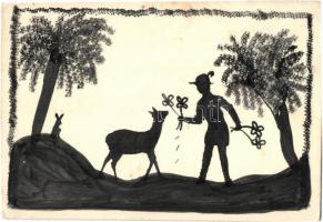Kézzel festett sziluettes cserkész művészlap / Hand-painted scout silhouette art postcard (non PC) (EK)