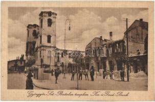 Gyöngyös, az 1917. évi nagy tűzvész utáni utcakép, leégett Fő tér, Szent Bertalan templom és Kereskedelmi és Gazdasági Bank