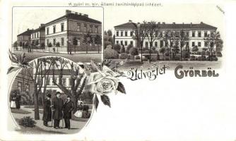 1899 Győr, M. kir. állami tanítóképző intézet, urak a kertben. Mehner & Maas No. 3604. floral litho (szakadás / tear)