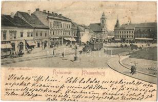 1900 Kolozsvár, Cluj, Klausenburg; Fő tér városi vasúttal, Gergely Ferenc és Reményik Victor üzlete / main square with urban railway, shops (EK)
