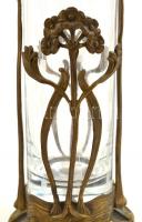Szecessziós palacktartó, javított, réz, homokfújt hibátlan üveggel, jelzés nélkül,  m:32 cm