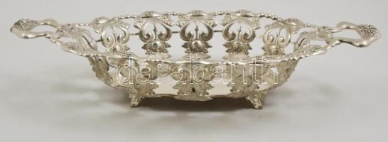 Ezüst (Ag.) áttört szélű kosár, jelzett, mesterjeggyel, préselt lemez, domborított,  42×26 cm, nettó...