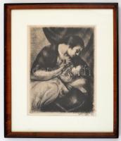Uitz Béla (1887-1972): Szoptató anya. Rézkarc, papír, jelzett, üvegezett keretben, 23.5×17 cm