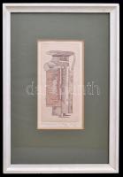 Szemethy Imre (1945- ): Macskanyújtoztaó . Rézkarc, papír, jelzett, üvegezett keretben, 19×9,5 cm