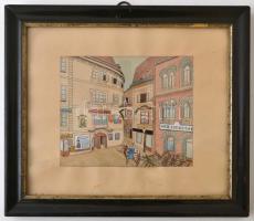 Jelzés nélkül: Városi utcarészlet. Vegyes technika, papír, üvegezett keretben, 12,5×15 cm