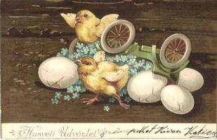 1906 Húsvéti Üdvözlet / Easter greeting postcard, chickens, litho Emb. (EK)