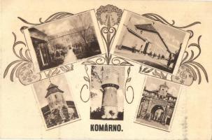1936 Komárom, Komárnó; víztorony, Kőszűz, laktanya kapuja / water tower, castle monument, military barrack. Art Nouveau (ragasztónyom / gluemark)