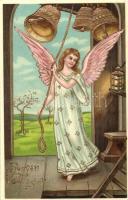 Húsvéti üdvözlet / Easter greeting, angel, M. S. i. B. 14210 golden, litho, Emb.