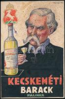 Kónya Zoltán (1891-?): Kecskeméti barackpálinka, reklámterv, vegyes technika, papír, jelzett, foltos, 19×12,5 cm