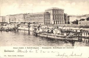 1902 Budapest V. Rudolf rakpart, Magyar Tudományos Akadémia, uszályok, Ganz Antal 176. (EK)