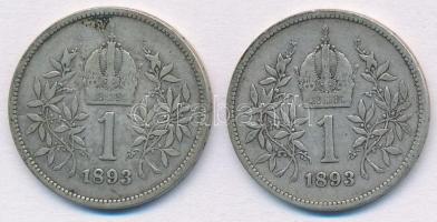 Ausztria 1893. 1K Ag "Ferenc József" (2x) T:2- Austria 1893. 1 Corona Ag "Franz Josep...