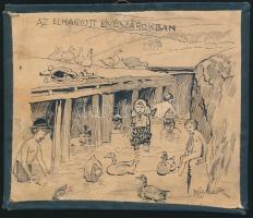 Mühlbeck Károly (1869-1943): Az elhagyott lövészárokban, karikatúra, tus, papír, jelzett, foltos, 12,5×14,5 cm