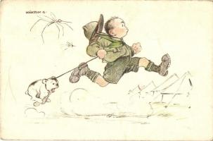 Cserkész és a szúnyog / Hungarian boy scout and the mosquito, art postcard. s: Márton L. (EK)