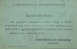 1897 Sz. fővárosi államrendőrség a román királyi pár útvonalára belépésre jogosító igazolványa