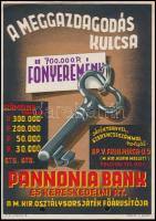 cca 1930-1940 A meggazdagodás kulcsa - Pannonia Bank és Kereskedelmi Rt., villamosplakát, Pöhm J. Budapest, később levélpapírként felhasználva, 23,5×17 cm
