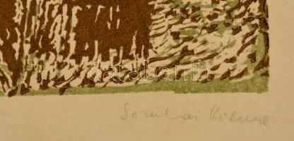 Somlai Vilma (1938-2007): Téli Szigliget, színes linó, papír, jelzett, 20×22 cm