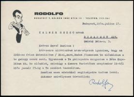 1975 Rodolfo (1911-1987) gépelt, aláírt levele Kalmár Rezső zeneszerzőnek, fejléces levélpapíron, bo...