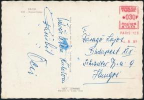 1959 Puskás Ferenc (1927-2006) labdarúgó Párizsból küldött üdvözlő sorai és aláírása Faragó Lajos (1932- ) labdarúgó, edző részére levelezőlapon