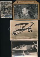 cca 1941-1942 Repülős tétel, db, benne 2 db régi repülős vállap, 22 db repülős fotó, 1 db repülős fotó keretben, 1 db repülős képeslap, változó állapotban, fotók mérete: 13x8 cm és 3x4 cm közötti méretben