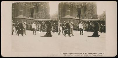 IV. Károly és Zita királyné Ferenc József temetésén Bécsben a Stephansdomnál, 1 db sztereófotó + 1 d...