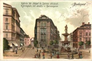 1901 Budapest VIII. Kálvin tér, József és Baross utcával, villamos, gyógyszertár, üzletek, szökőkút. Ganz Antal 304. sz. litho