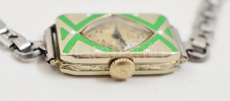 Elgin női art deco karóra díszített fém tokkal. Zöld rekeszzománc díszítéssel, fém szíjjal. Működik....