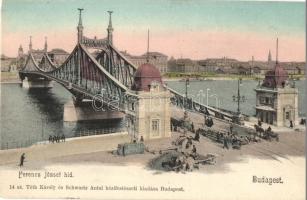 Budapest, Ferenc József híd, villamos sín fektetés, építkezés. Tóth Károly és Schwartz Antal kézifestészeti kiadása 14. sz.