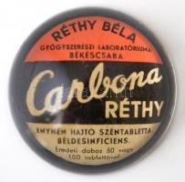 Carbona Réthy, Réthy Béla gyógyszerész Békéscsaba, reklámos üveg papírnehezék, apró kopásokkal, d: 6 cm