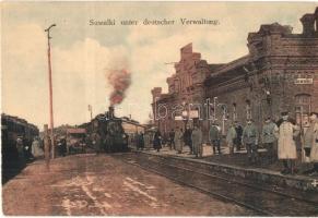 Suwalki, Bahnhof unter deutscher Verwaltung / railway station, under German administration in WWI, locomotive