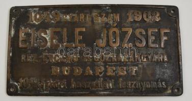 cca 1902 Eisele József Réz-ércz,ű és Gőzkazángyára Budapest feliratú réz reklámtábla, kis kopásokkal, 13×24,5 cm