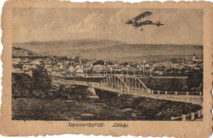 Sepsiszentgyörgy, Sfantu Gheorghe; látkép, híd, repülőgép montázs. Vajna Testvérek kiadása / general view, bridge, biplane aircraft montage (Rb)