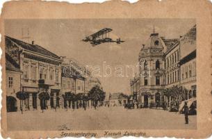 Sepsiszentgyörgy, Sfantu Gheorghe; Kossuth Lajos utca, Kossuth kávéház, üzletek, repülőgép montázs. Vajna Testvérek kiadása / street view, café, shops, biplane aircraft montage (Rb)