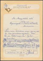 1964 Ádám Jenő (1896-1982) zeneszerző saját kézzel írt levele és alkalmi dalának kottája Arany Bálint turánistához, FKGP politikushoz, akit a Magyar Közösség perben koncepciós eljárás során elítéltek neve napja alkalmából.