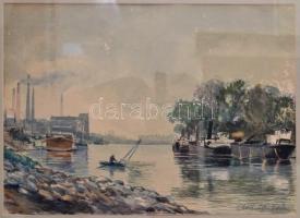 Edvi Illés Ödön (1877-1945): Duna parti halász. Akvarell, papír, kopott, üvegezett keretben, 29×39 cm