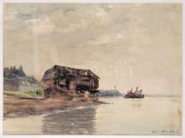 Edvi Illés Ödön (1877-1945): Duna part. Akvarell, papír, üvegezett keretben, 28×39 cm