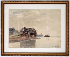 Edvi Illés Ödön (1877-1945): Duna part. Akvarell, papír, üvegezett keretben, 28×39 cm
