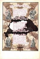 Minden Magyarok Kiáltványa. M. kir. szab. sz. 2307/1935. Thienschmiedt Ede Hungária nyomdája, Kispest / Hungarian irredenta art postcard (gyűrődés / crease)