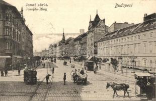 1900 Budapest VIII. József körút, Gschwindt rt., Rigler üzlete és a Jókai kávéház reklámja egy házfalon, lóvasút. Ganz Antal 81. sz.