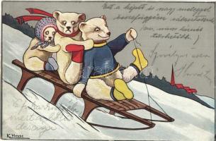 Bears sledding in winter s: K. Hesse