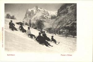 Plaisir dHiver, Schlitteln / sledding people in winter in Switzerland