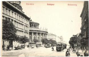 Budapest VI. Váci körút (ma Bajcsy-Zsilinszky út), bazilika, villamos, utcaseprő - képeslapfüzetből