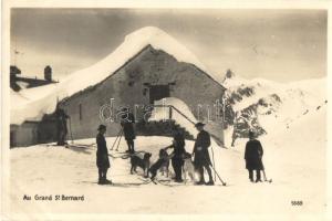 Great St Bernard Pass, Au Grand St. Bernard; skiing people with dogs